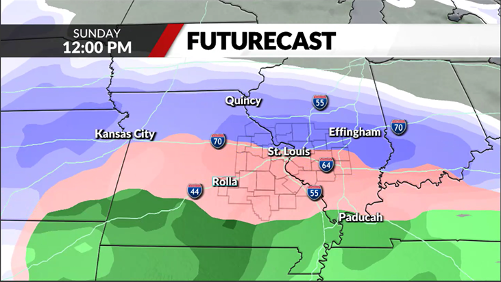 Where will the snow fall near St. Louis?