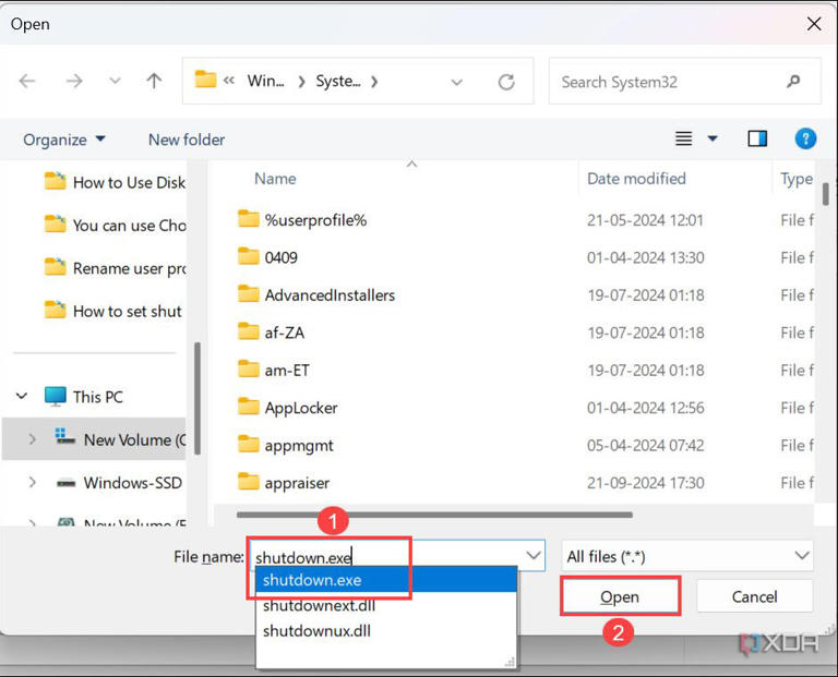 Screenshot of selecting shutdown.exe