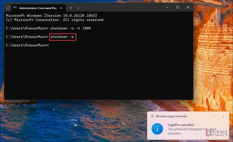 Screenshot of command to abort Shutdown through Command Prompt