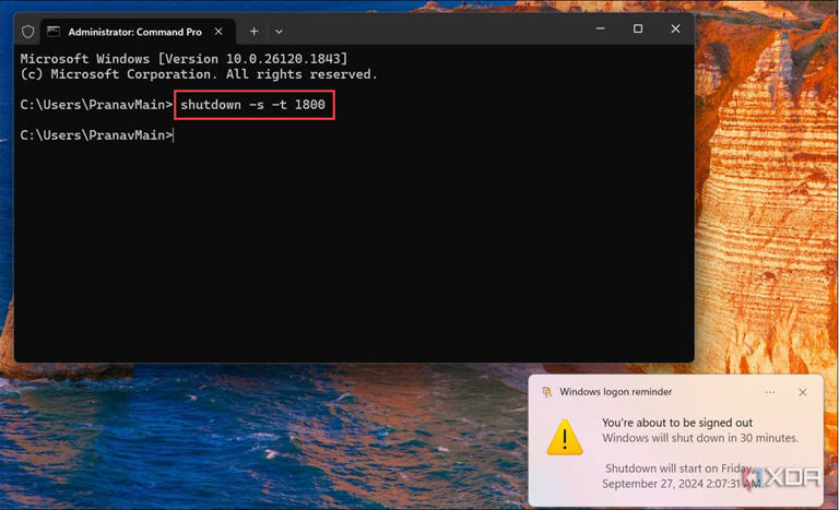 Screenshot of command to Shutdown computer through Command Prompt