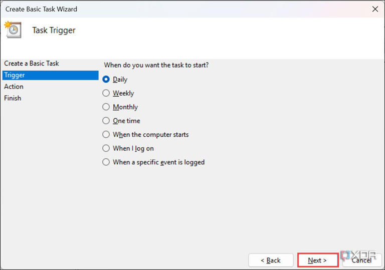 Choose when do you want to trigger the task