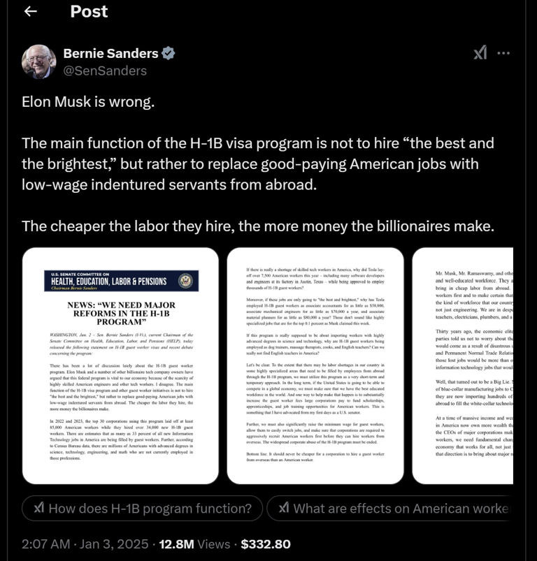 Influential US politician says Elon Musk hiring cheaper tech servants