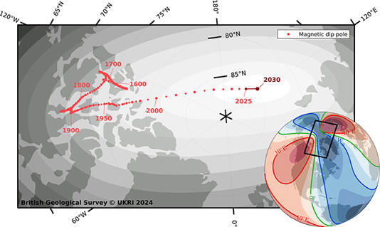 Magnetic north has shifted a lot over the centuries. (BGS)