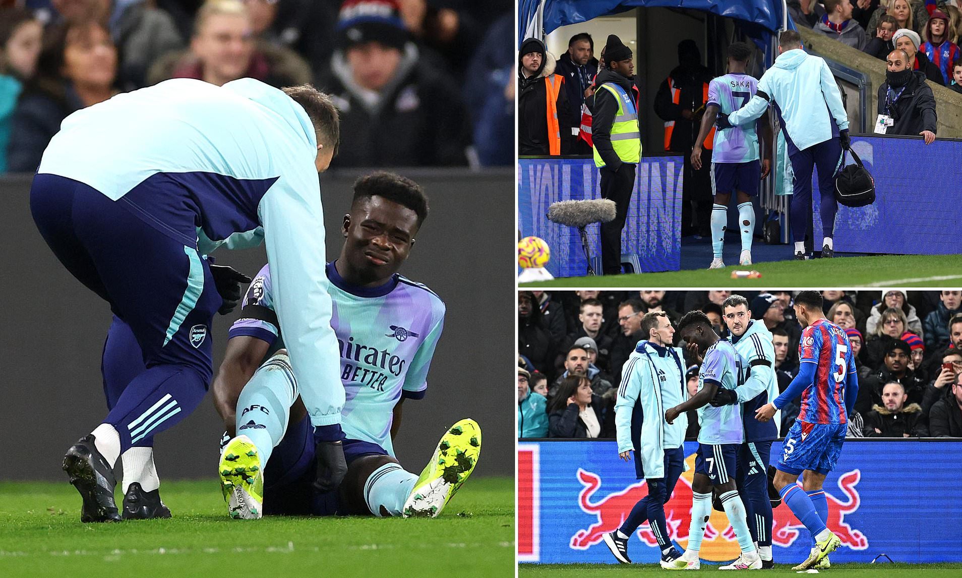 BAD LUCK: Bukayo Saka seen leaving Selhurst Park on crutches, with Arsenal boss Mikel Arteta admitting he’s ‘pretty worried’ about the star’s condition