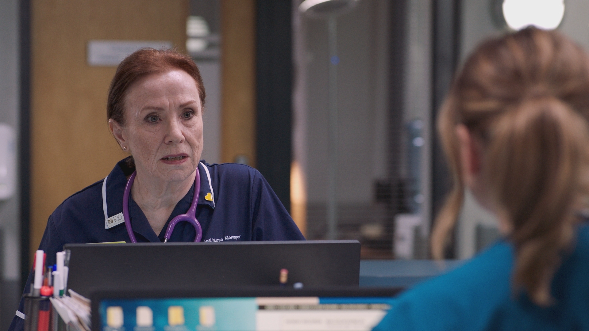 Holby hath no fury like a Siobhan scorned. Are those burn marks on Stevie's uniform?? (Image credit: BBC Studios. )