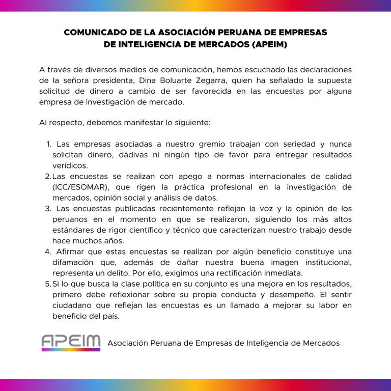 Encuestadoras exigen rectificación de Dina Boluarte tras sus acusaciones de soborno: "Debe reflexionar sobre su propia conducta"