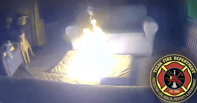 After a short while, the battery catches alight and begins to release large flames, causing the dogs to bark. A spokesperson for the Tulsa Fire Department, said: 'The outcome could've been much worse if there had been no means of escape or if the family was asleep at the time'