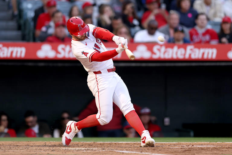 ANAHEIM, CALIFORNIA - MAY 25: Taylor Ward #3 of the Los Angeles Angels hits a three run home run during the third inning against the Cleveland Guardians at Angel Stadium of Anaheim on May 25, 2024 in Anaheim, California. Katelyn Mulcahy/Getty Images