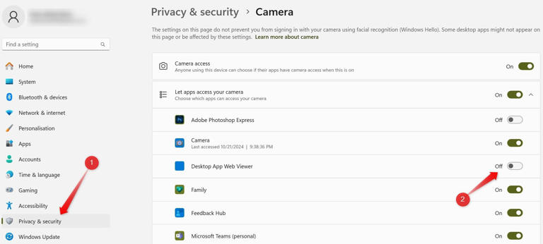 Turning off camera permissions for an app in the Settings app on Windows.