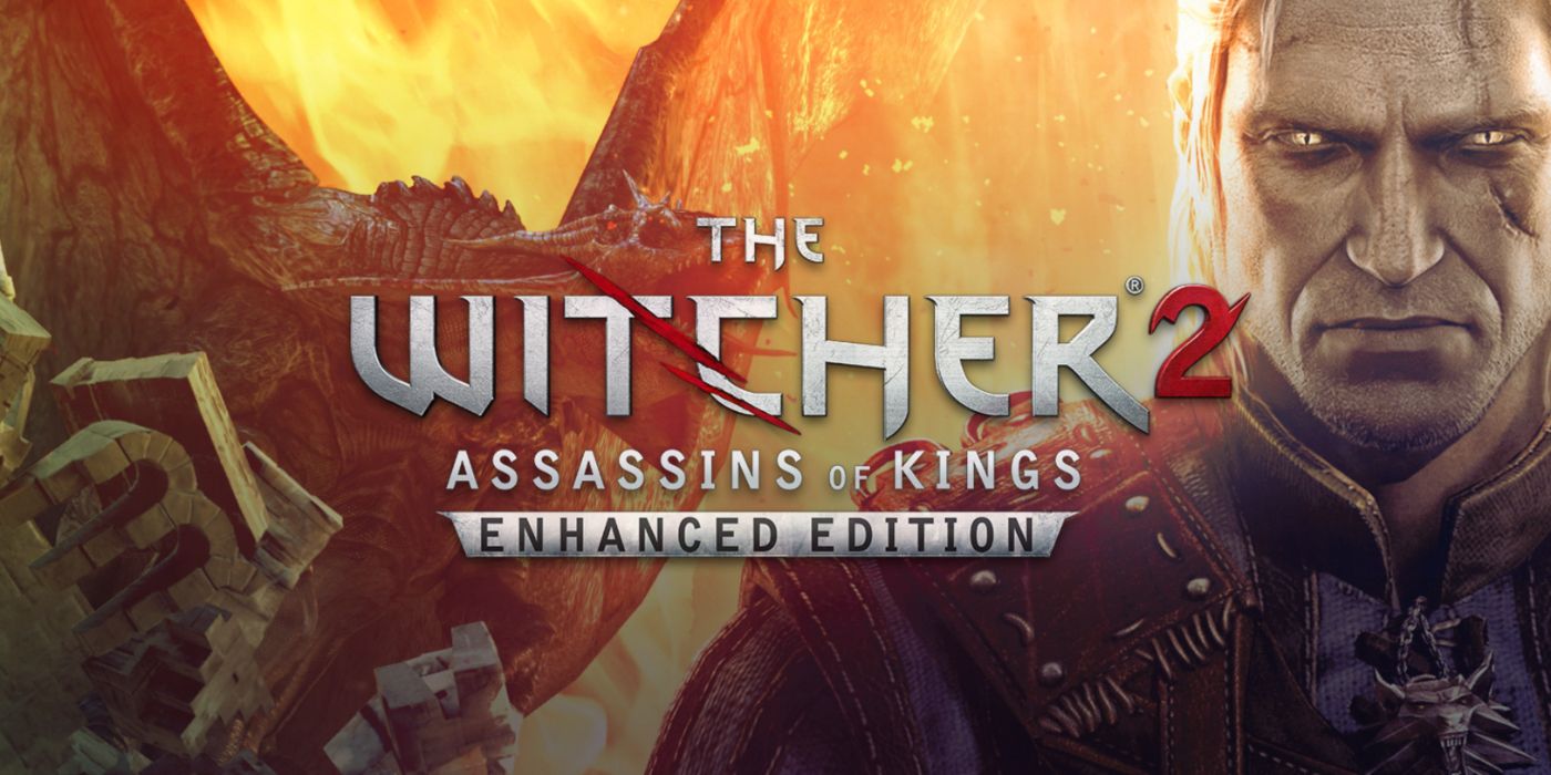 The Witcher 2 promo featuring a scarred Geralt of Rivia with a dragon in the background.
