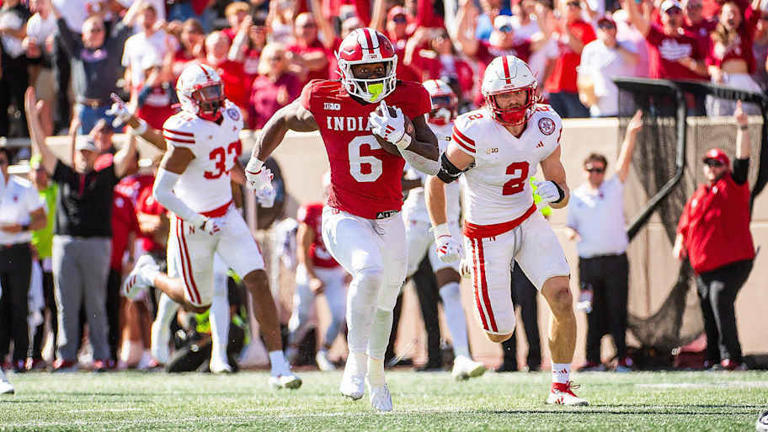 Indiana's Justice Ellison (6) scores a touchdown during the Indiana versus Nebraska football game at Memorial Stadium on Saturday, Oct. 19, 2024. | Rich Janzaruk/Herald-Times / USA TODAY NETWORK via Imagn Images