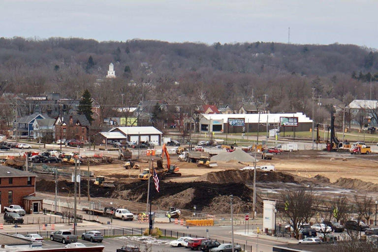 Work at the future site of a new arena in Kalamazoo continues on the week of Friday, Dec. 20, 2024.