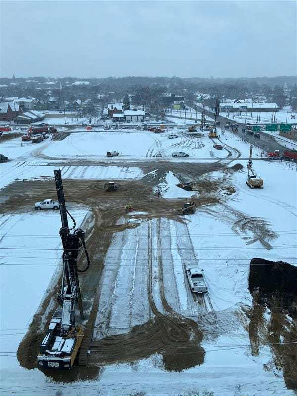 Work at the future site of a new arena in Kalamazoo continues on the week of Friday, Dec. 20, 2024.