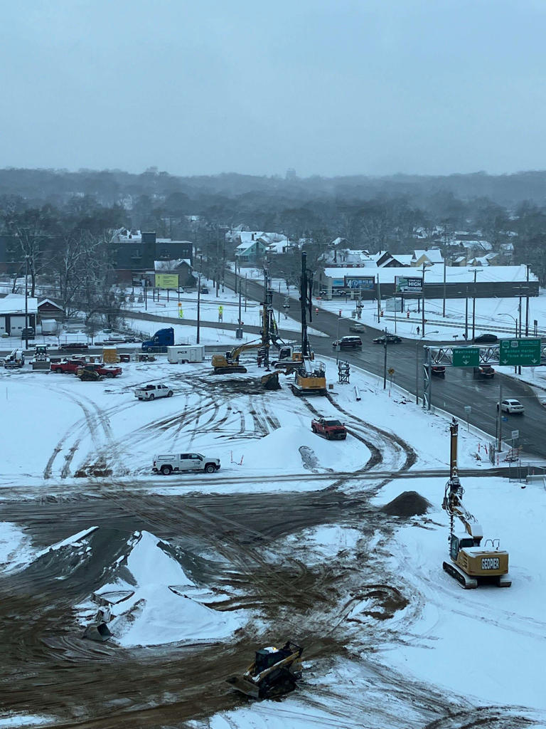 Work at the future site of a new arena in Kalamazoo continues on the week of Friday, Dec. 20, 2024.