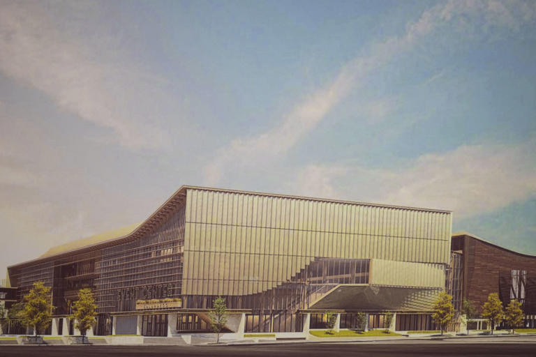 Renderings of the downtown Kalamazoo Event Center by Tower Pinkster displayed during Southwest Michigan Firsts inaugural state of economic development at the Radisson Plaza Hotel in downtown Kalamazoo, Michigan on Thursday, Jan. 25, 2024.