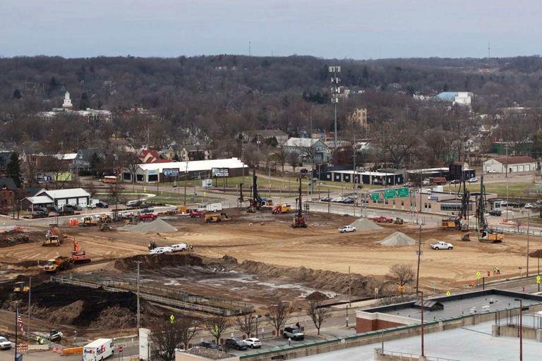 Work at the future site of a new arena in Kalamazoo continues on the week of Friday, Dec. 20, 2024.