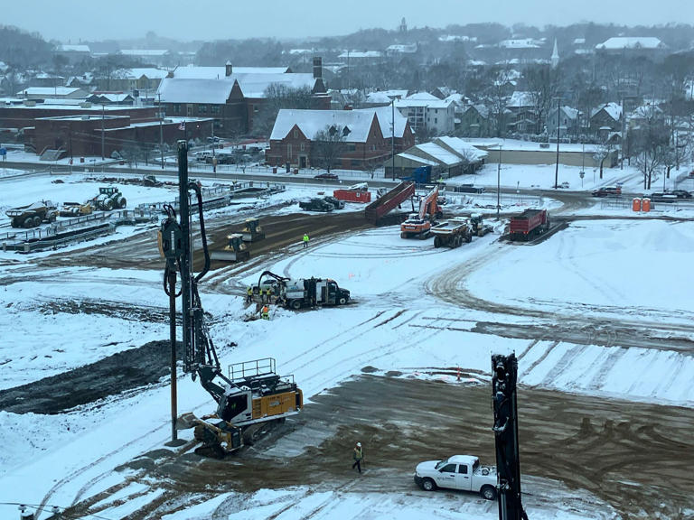 Crews are working to prepare for construction of a new arena and events center in downtown Kalamazoo. Work is seen pictured in mid December, 2024.