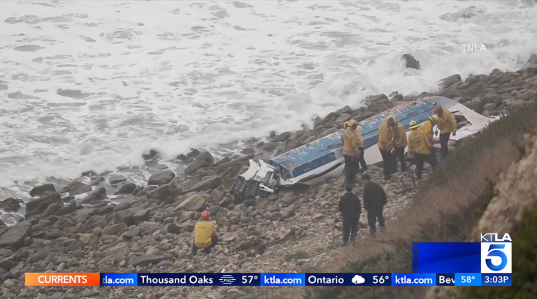 A human leg washed up along a Southern California beach shortly after an overturned boat was found nearby