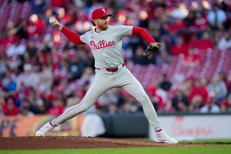 CINCINNATI, OHIO - APRIL 24: Spencer Turnbull #22 of the Philadelphia Phillies pitches in the second inning against the Cincinnati Reds at Great American Ball Park on April 24, 2024 in Cincinnati, Ohio.