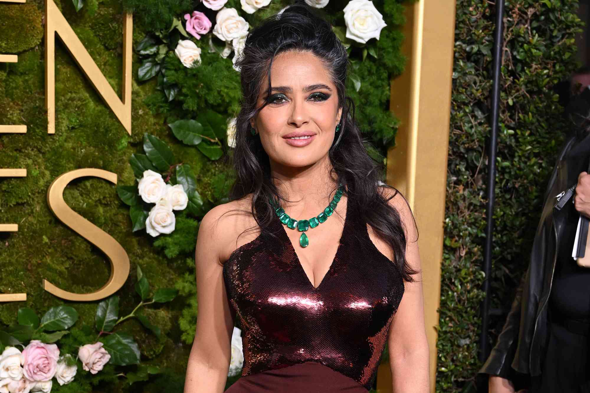 Salma Hayek Embraces Her Gray Hair in Vampy Sequin Gown and Tons of Jewels on Golden Globes 2025