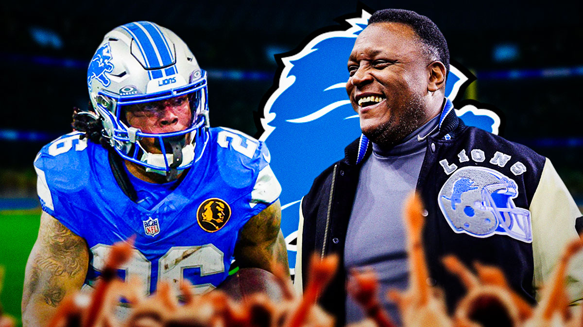 Jahmyr Gibbs reacts to breaking Barry Sanders Lions TD record