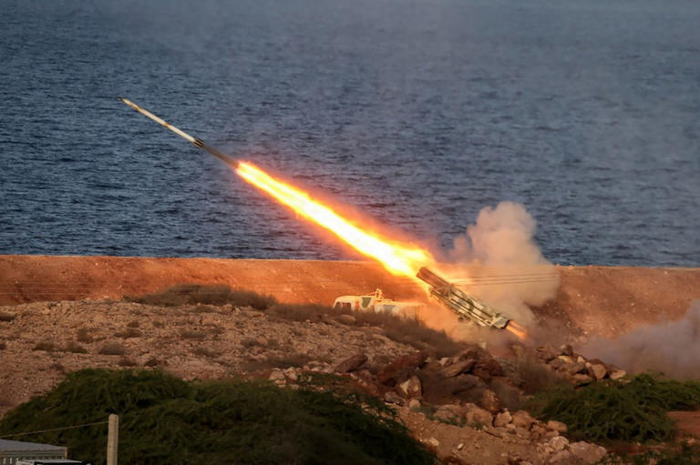 A missile is launched during a joint exercise called the “Great Prophet 17,” in southwest Iran. via REUTERS