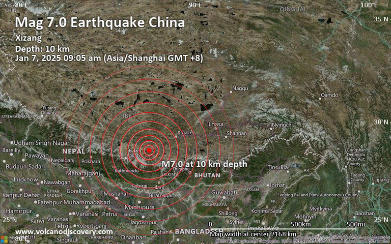 The quake hit at a shallow depth of six miles beneath the epicenter near Shigatse, Tibet, China (Picture: Volcano Discovery)