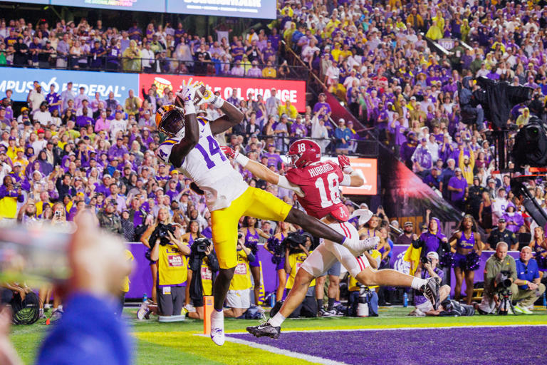 Nov 9, 2024; Baton Rouge, Louisiana, USA; LSU Tigers tight end Trey'Dez Green (14) makes a catch just out of bounds against Alabama Crimson Tide defensive back Bray Hubbard (18) at Tiger Stadium. Mandatory Credit: Stephen Lew-Imagn Images