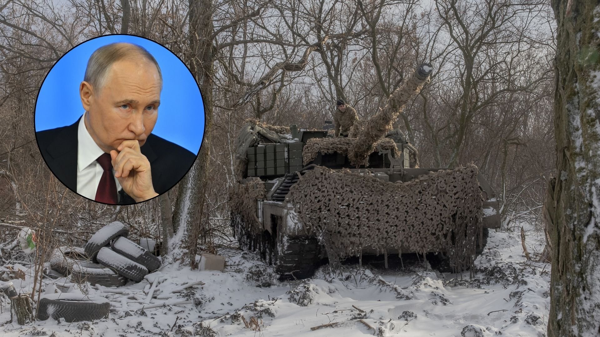 Działania wojenne w Ukrainie (w kółku: prezydent Rosji Władimir Putin)