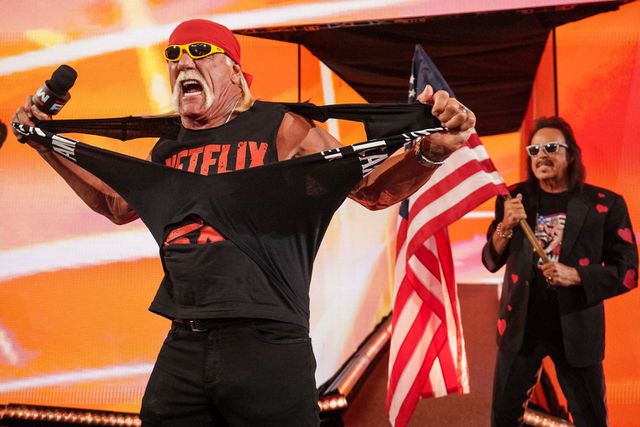 Hulk Hogan with Jimmy Hart along side address the crowd during RAW at Intuit Dome on January 6, 2025 in Inglewood, California.