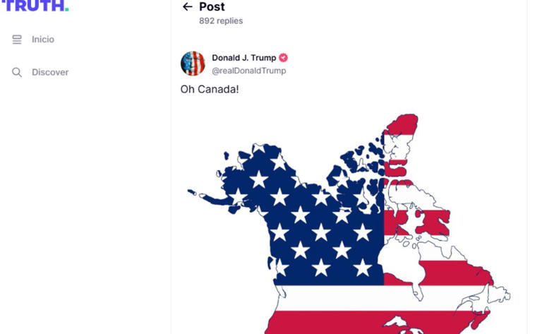 El presidente electo de Estados Unidos, Donald Trump, publicó en sus redes sociales dos mapas que incluyen a Canadá y Groenlandia como parte de su territorio, después de una conferencia en la que propuso eliminar la frontera entre Estados Unidos y Canadá, argumentando que beneficiaría la seguridad nacional. (07/01/25) Foto: Captura de Pantalla