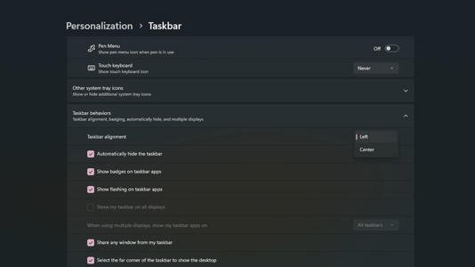 Taskbar personalization settings in Settings app on Windows 11