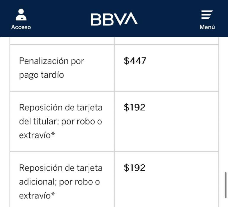 Estos son los costos de reposición de la Tarjeta Azul. Foto: BBVA.