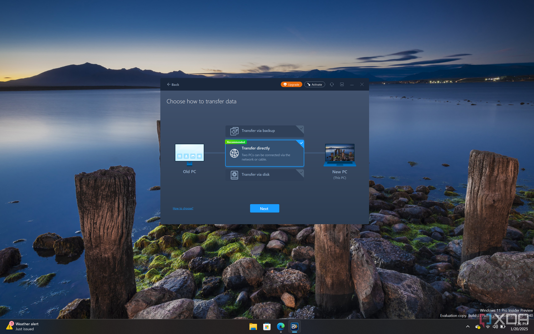 Screenshot of EaseUS PCTrans Free showing the available options for restoring data on a new computer