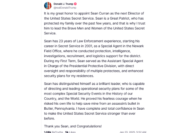 Donald Trump appoints Sean Curran as Secret Service director, cites