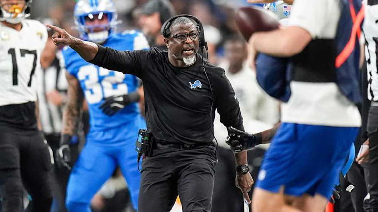 Detroit Lions defensive coordinator Aaron Glenn reacts to a play against Jacksonville Jaguars during the second half at Ford Field in Detroit on Sunday, Nov. 17, 2024. | Junfu Han / USA TODAY NETWORK via Imagn Images