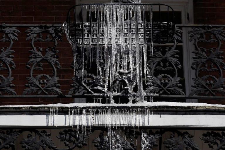 Icicles on a cast-iron railing after a rare winter snowstorm churned across the U.S. Gulf Coast, in New Orleans, Louisiana, U.S. January 22, 2025. REUTERS/Shawn Fink