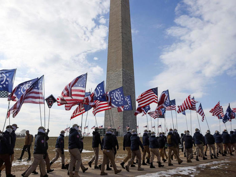 Members of the white nationalist group Patriot Front gather near the Washington Monument for the annual March for Life in Washington, Jan. 24, 2025.