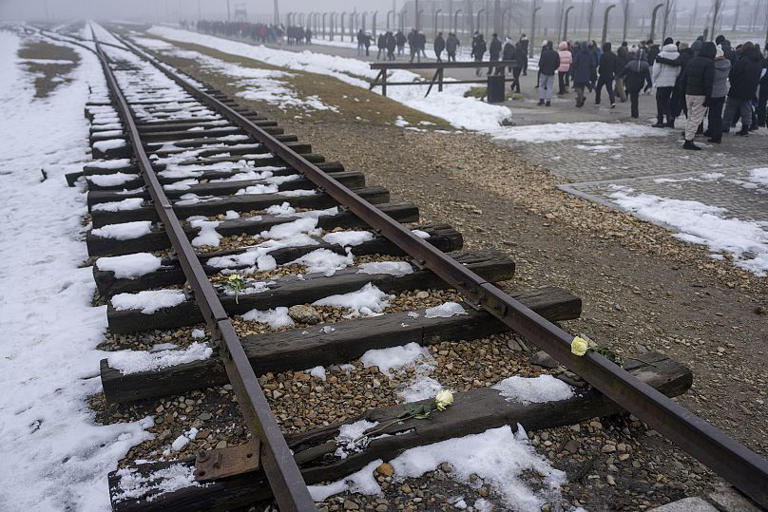 I visitatori camminano lungo i binari della ferrovia usata un tempo per trasportare gli ebrei da tutta Europa ad Auschwitz, 23 gennaio 2025 Oded Balilty/Copyright 2025 The AP. All rights reserved