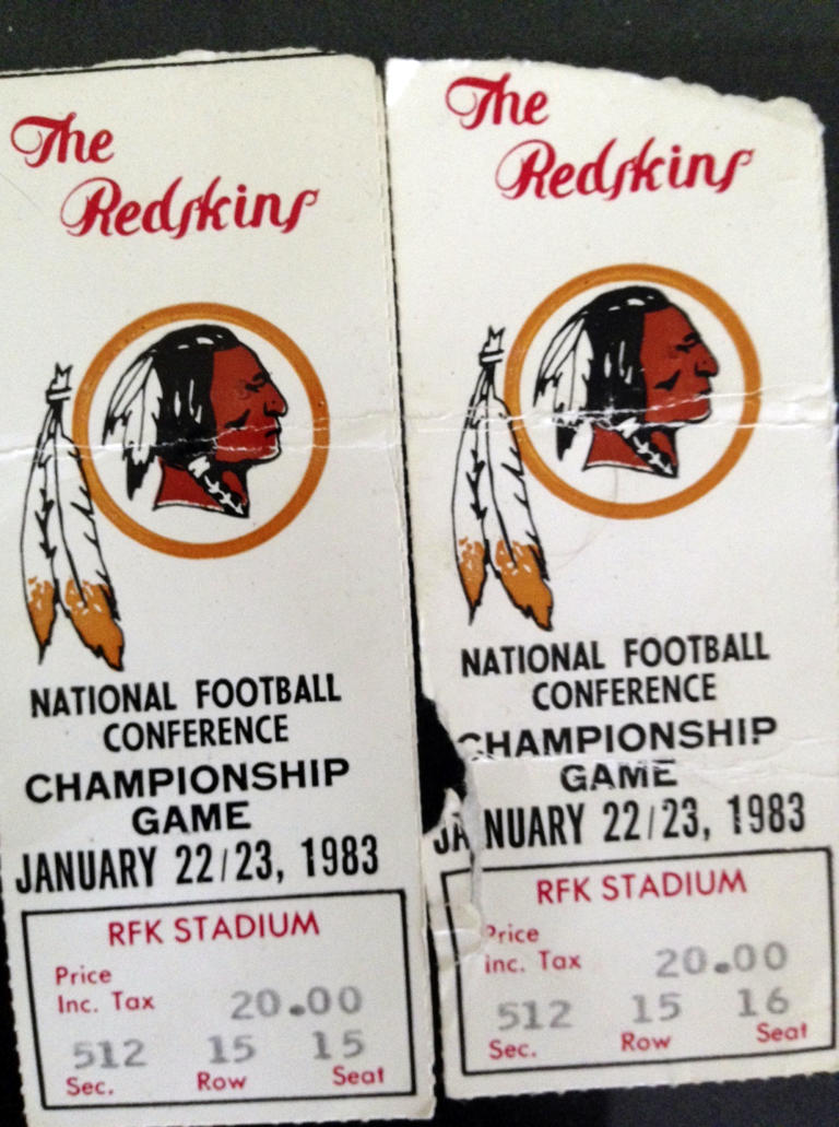 This recent photo shows a pair of ticket stubs from the 1982 NFC Championship football game between the Washington Redskins and the Dallas Cowboys, which then 8-year-old AP national writer Will Graves attended with his father. (AP Photo/Will Graves)