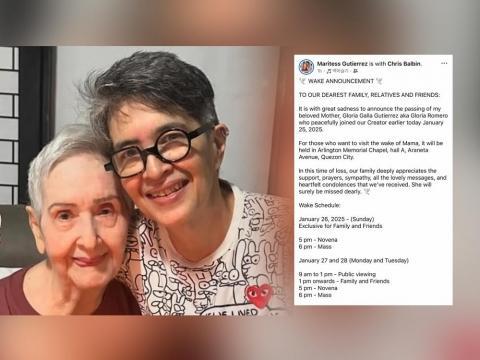 Maritess Gutierrez shares public viewing schedule for Gloria Romero's wake