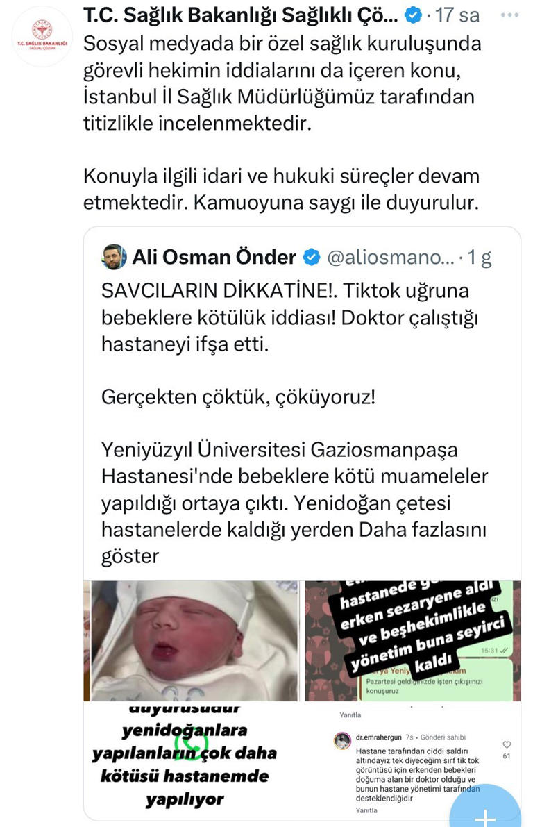 YENİ YÜZYIL ÜNİVERSİTESİ GAZİOSMANPAŞA HASTANESİ'NDE ÇALIŞAN DOKTOR EMRAH ERGÜN, SOSYAL MEDYA HESABINDAN HASTANESİYLE İLGİLİ İDDİALARDA BULUNDU.