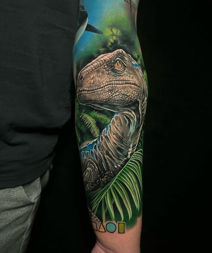 #5 I’m Doing A Sleeve On My Client, Each Piece Represents An Animal Chosen By His Wife And Kids. His Son Picked The Raptor Blue