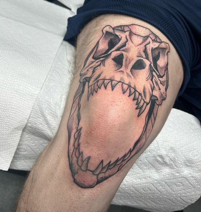 #45 We Named Him Chomper From The Land Before Time. Thanks For The Time And Trust On This T-Rex Skull Around The Knee