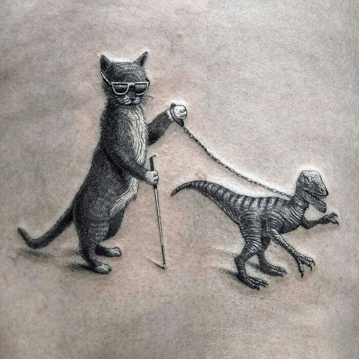 #4 A Blind Cat Walking His Guiding Velociraptor