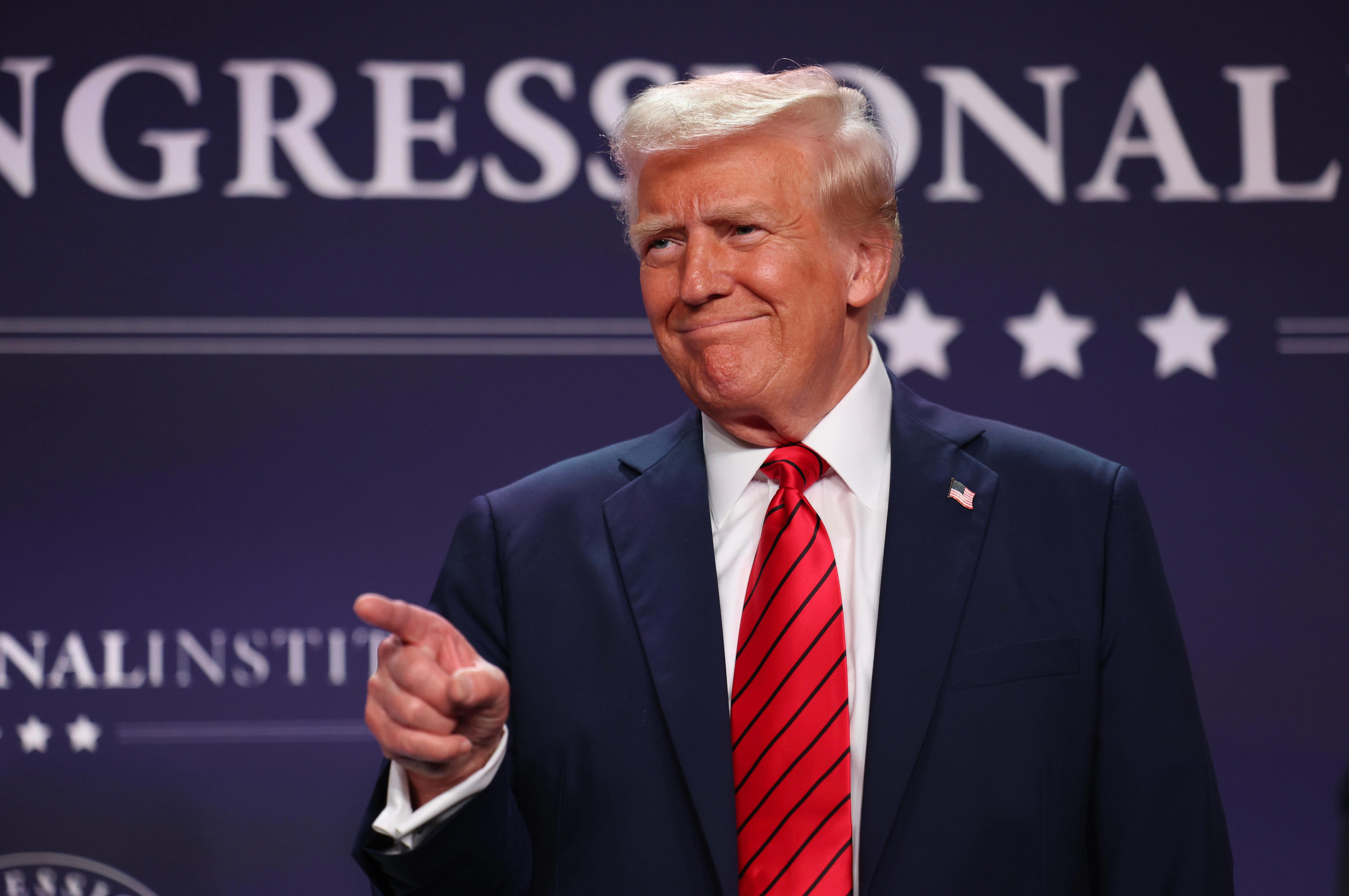 President Donald Trump acknowledges the crowd before addressing a Republican congressional conference on Jan. 27, 2025, in Doral, Fla.