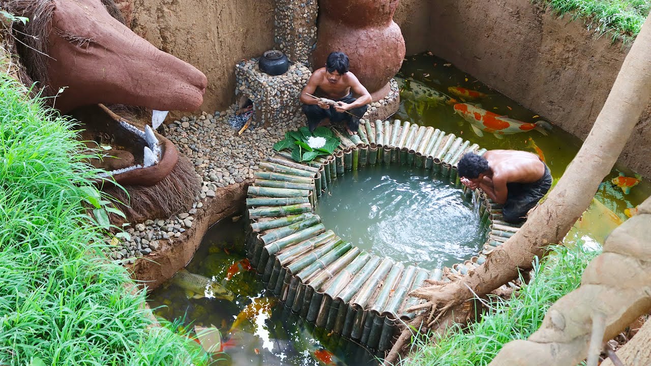 Hand-built forest home with a water well