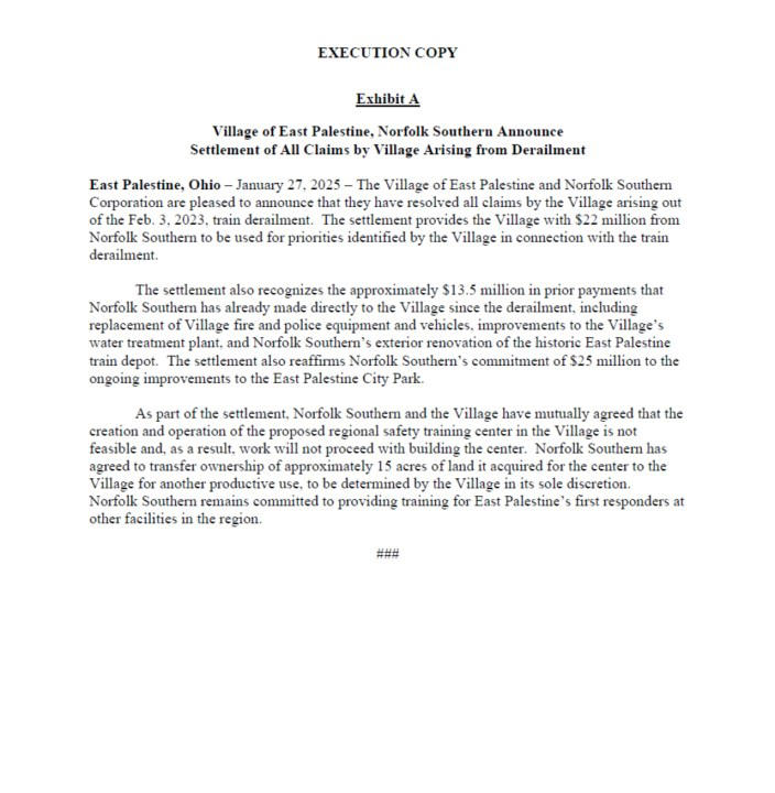 East Palestine, Norfolk Southern settle all train derailment claims