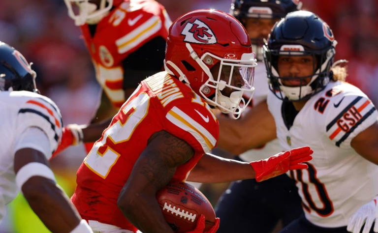 Montrell Washington #12 of the Kansas City Chiefs returns a punt in the second quarter of a game against the Chicago Bears at GEHA Field at Arrowhead Stadium on September 24, 2023 in Kansas City, Missouri.