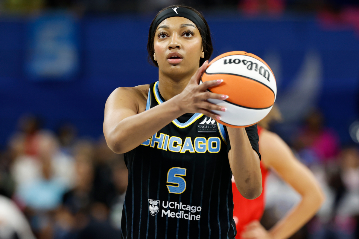 Aug 30, 2024; Chicago, Illinois, USA; Chicago Sky forward Angel Reese (5) shoots a free throw against the Indiana Fever during the second half at Wintrust Arena. Mandatory Credit: Kamil Krzaczynski-USA TODAY Sports